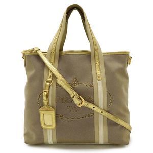 Prada Logo Jacquard Tote Bag 2WAY Shoulder Bag Diagonal Canvas Metallic Leather